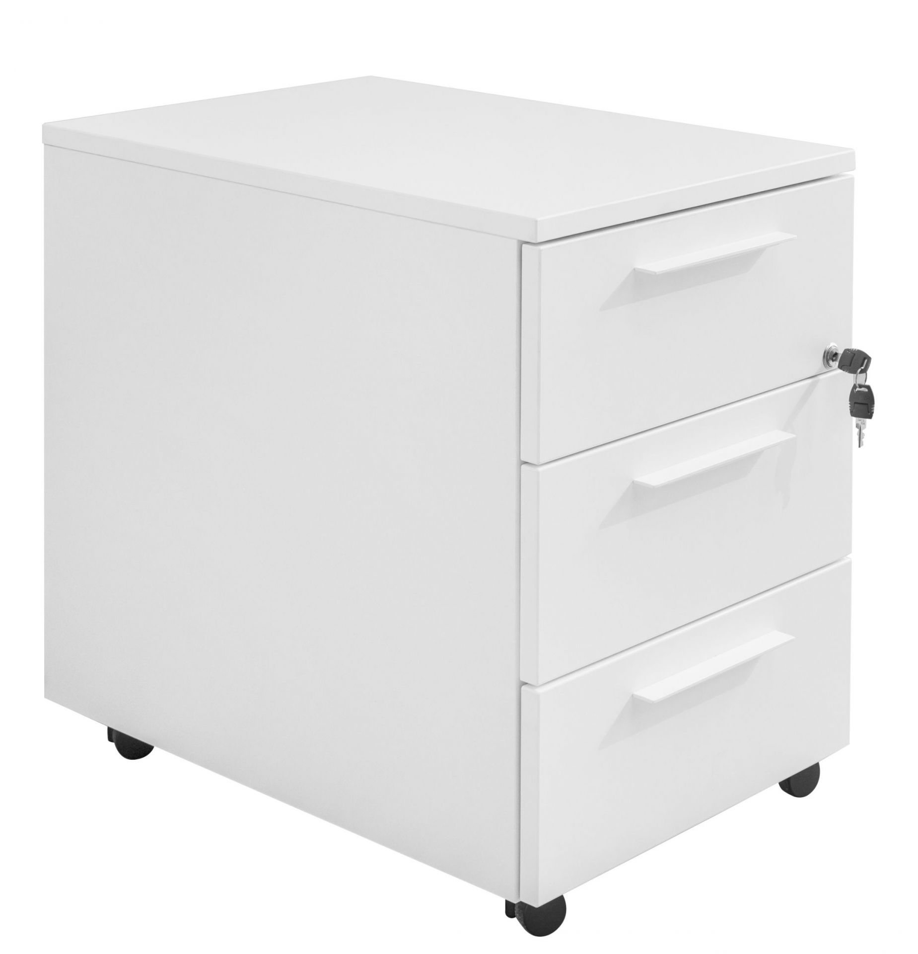 Weißer Rollcontainer mit drei Schubladen, abschließbar, für Büro und Arbeitszimmer. Mängelexemplar.